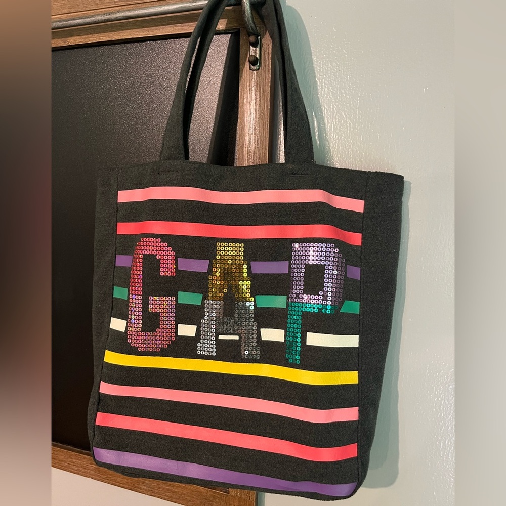 GAP Black Canvas Tote Bag with Rainbow Stripes and Colorful Sequins‎